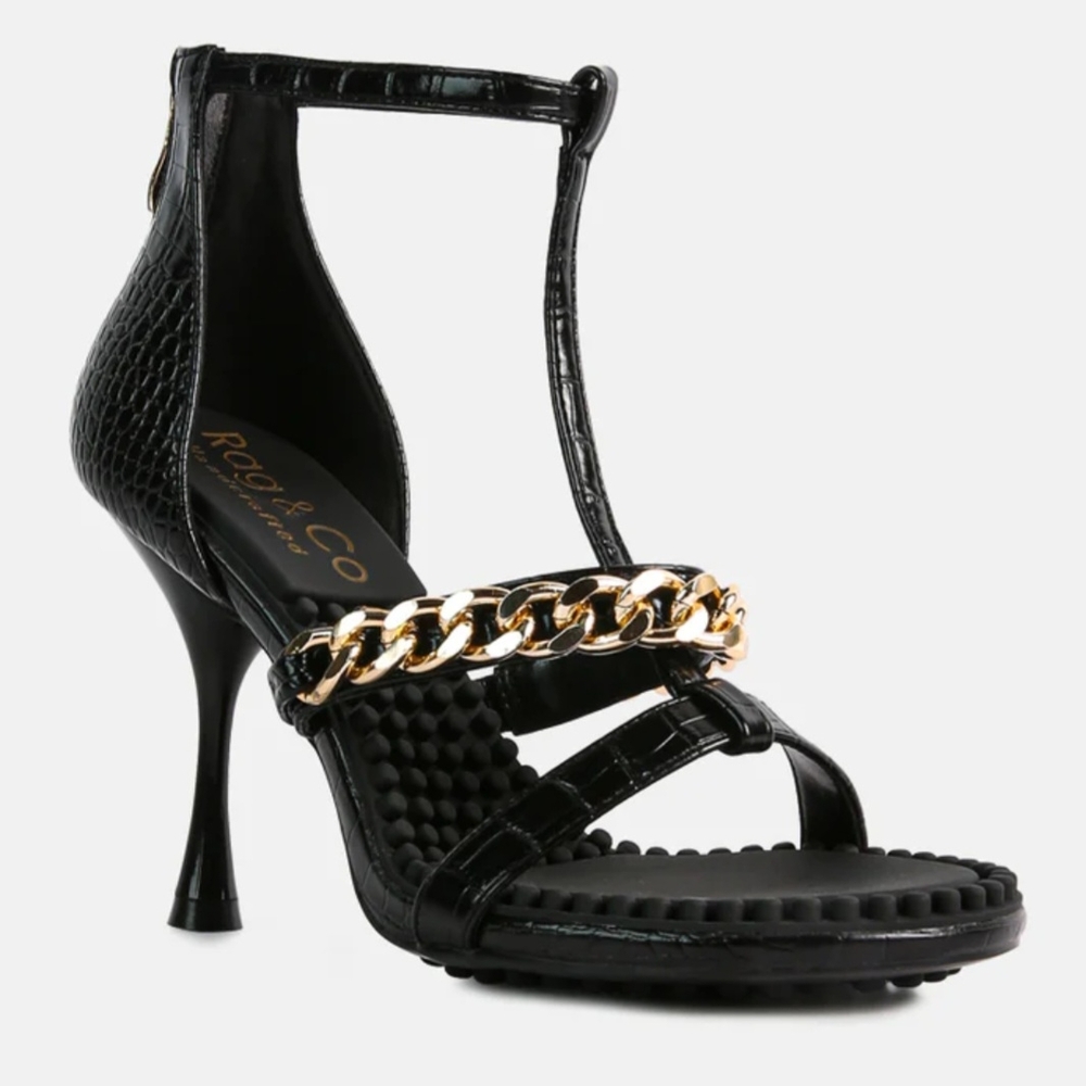 Roca & Co Black Heels with Gold Chain Accent